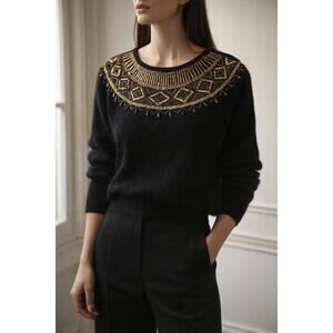 Vintage SK Company Angora Sweater Womens Medium Black Beaded Wool 90s Glam